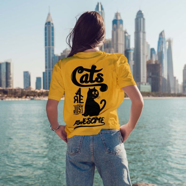 Juxar yellow boyfriend tee with black cat back print by waterfront skyline worn with jeans cotton boyfriend t shirt for ladies