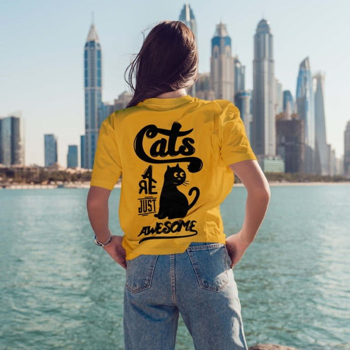 Juxar yellow boyfriend tee with black cat back print by waterfront skyline worn with jeans cotton boyfriend t shirt for ladies