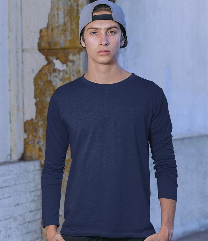 Juxar navy crew neck everyday wear cotton long sleeve t shirt on male model with backward cap