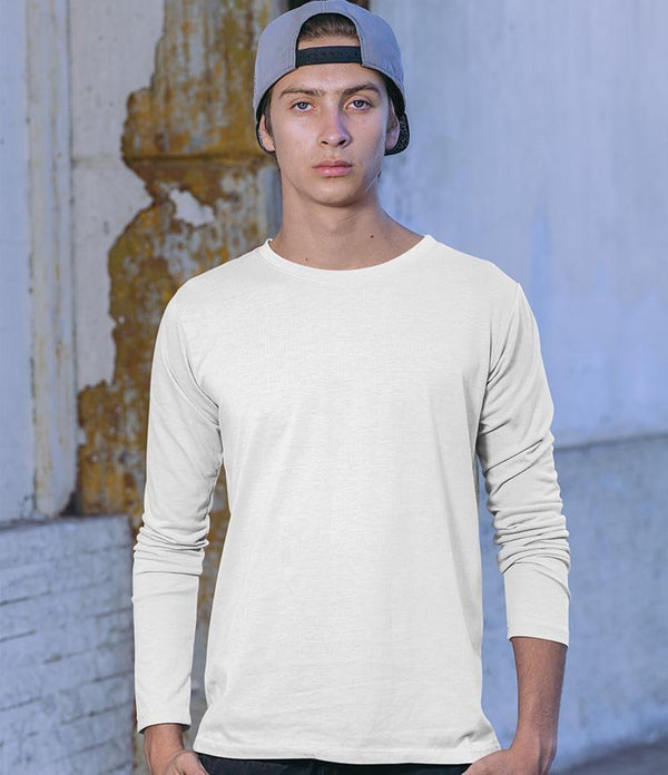 Juxar white long sleeve tee on male model in cap urban backdrop everyday wear cotton long sleeve t shirt