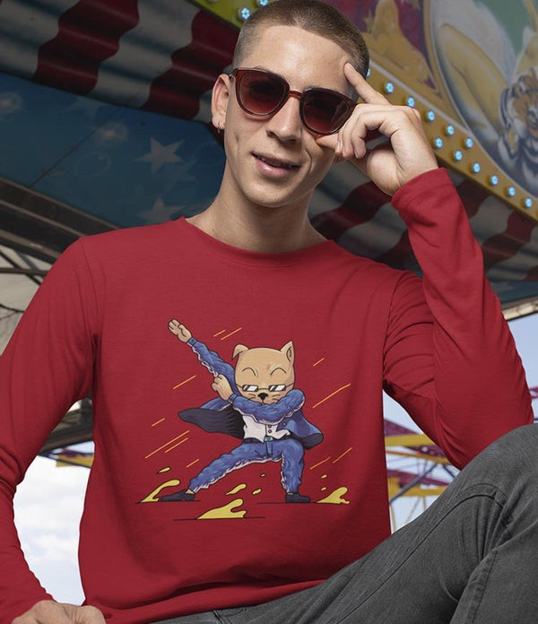 Juxar stylish long sleeve cotton t shirt red with cartoon cat graphic worn by smiling man in sunglasses