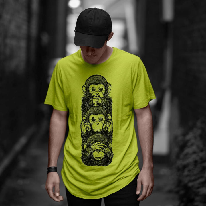 Juxar premium longline cotton t shirt lime green with three monkeys print worn by male model in black cap