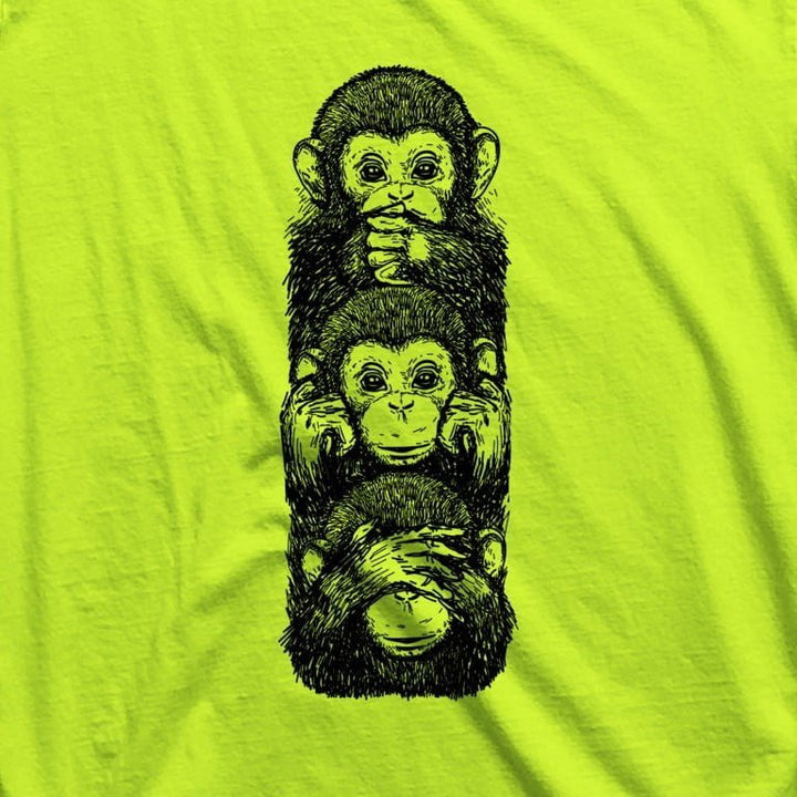 Juxar premium longline cotton t shirt neon green with stacked three monkeys see no evil hear no evil speak no evil print