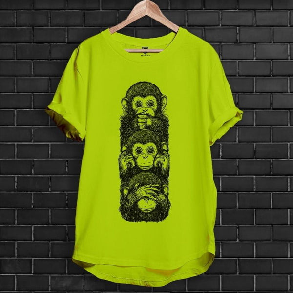 Juxar lime green longline tee with stacked three monkeys graphic print on front premium longline cotton t shirt for casual wear