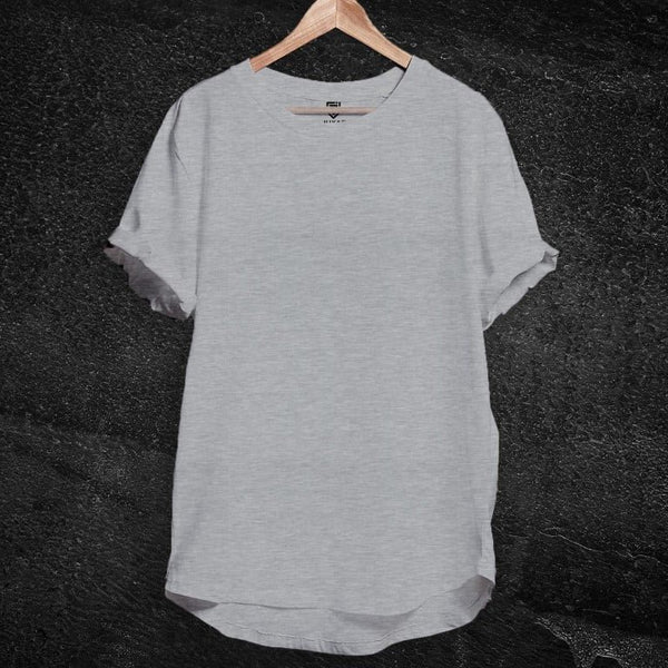 Juxar gray longline tee on wooden hanger with curved hem and rolled sleeves soft cotton longline tee for everyday wear