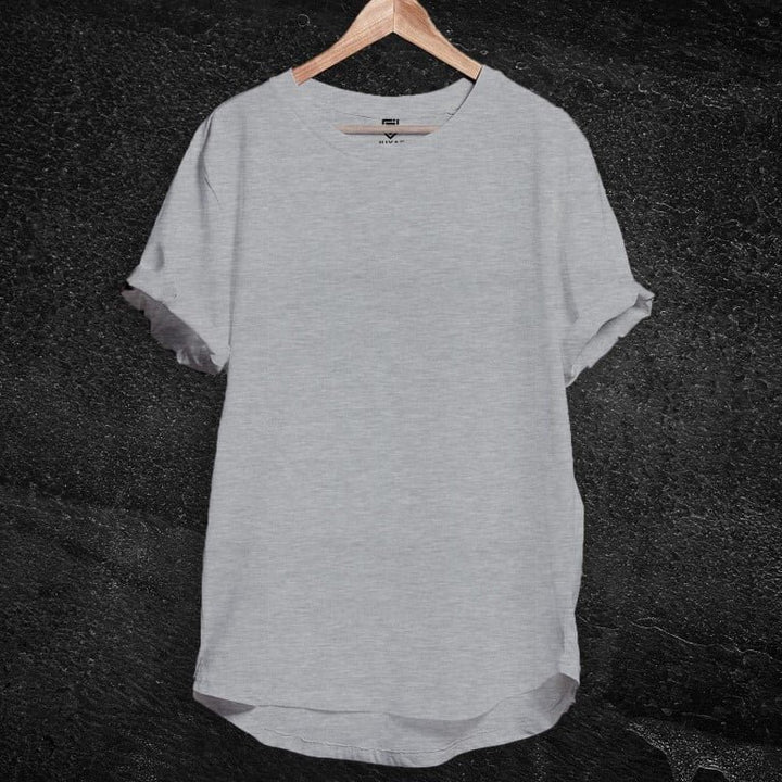 Juxar gray longline tee on wooden hanger with curved hem and rolled sleeves soft cotton longline tee for everyday wear