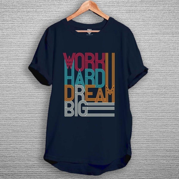 Juxar cotton longline tee in navy with retro multicolor WORK HARD DREAM BIG print work hard slogan t-shirt