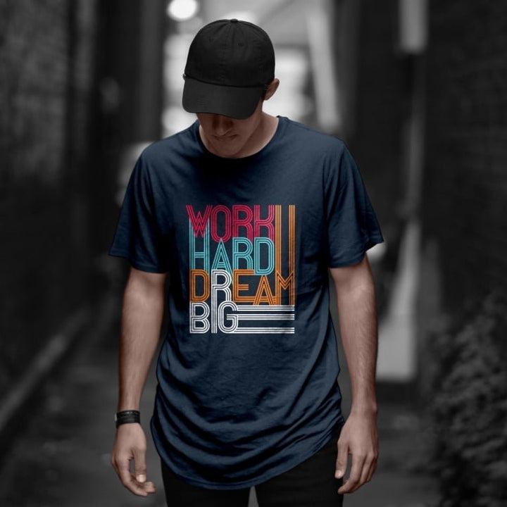 Juxar cotton longline tee on model with colorful WORK HARD DREAM BIG print casual streetwear work hard slogan t-shirt