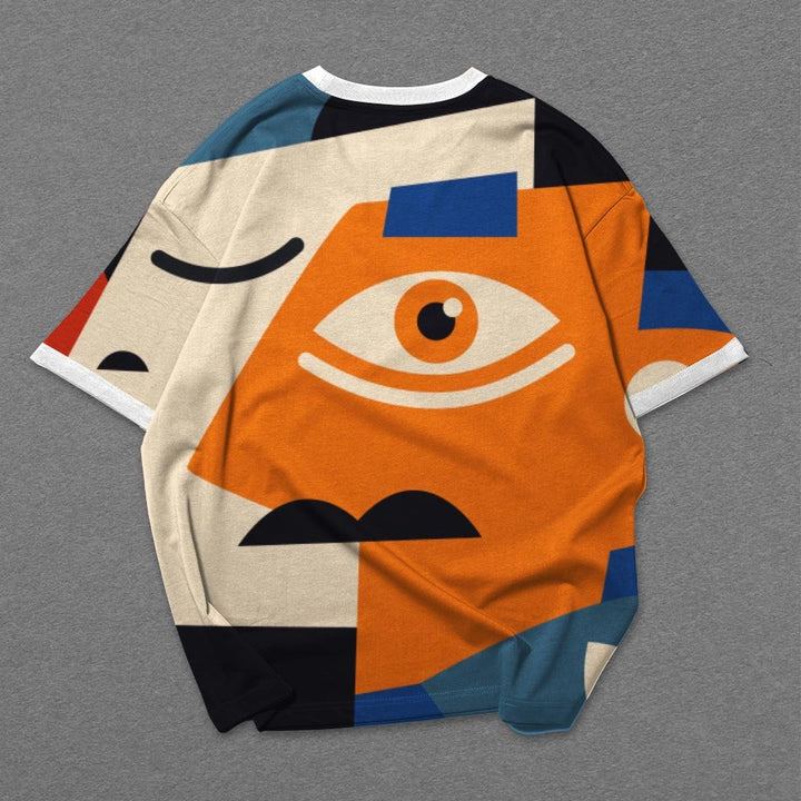 Mens oversized abstract art t-shirt with bold orange blue geometric face graphic for streetwear