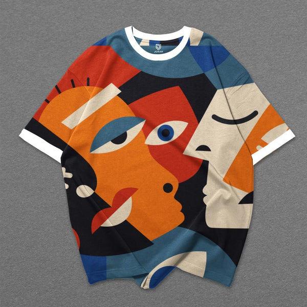 Mens oversized abstract art t-shirt featuring colorful cubist faces in orange blue red black and cream geometric shapes