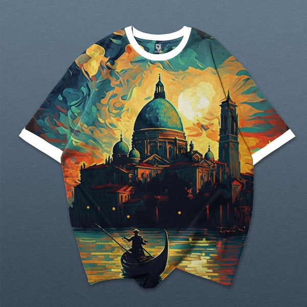 Mens Venice graphic streetwear tee featuring painted Venice skyline dome and gondola at sunset with white ringer trim