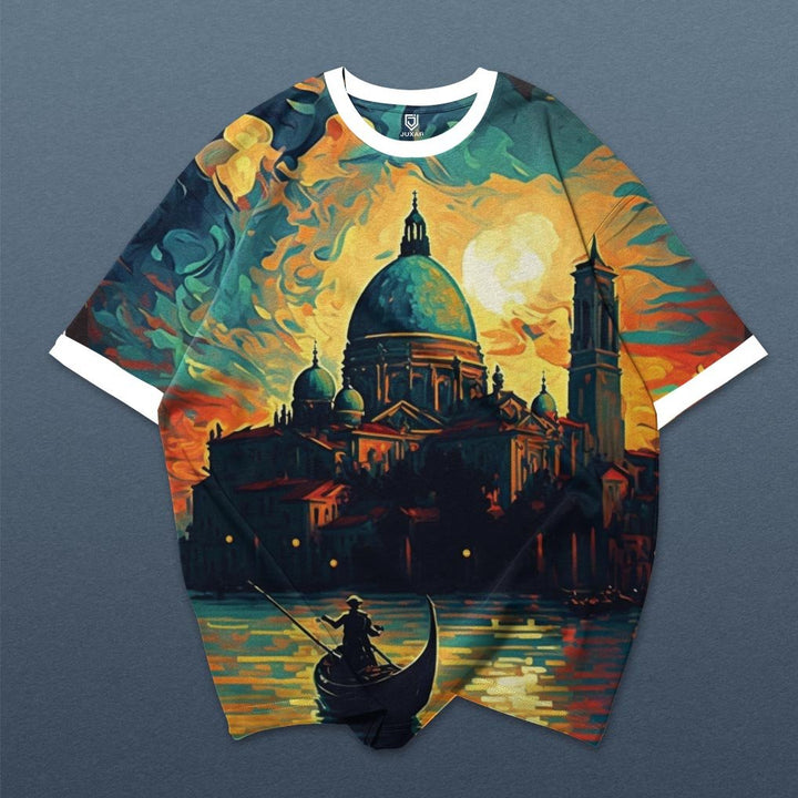 Mens Venice graphic streetwear tee featuring painted Venice skyline dome and gondola at sunset with white ringer trim