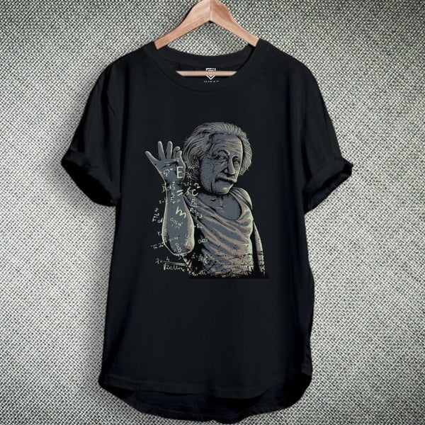 Juxar black streetwear cotton longline t shirt with Einstein graphic and math formula print on front