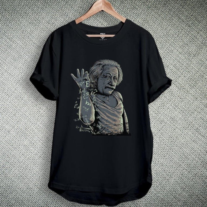 Juxar black streetwear cotton longline t shirt with Einstein graphic and math formula print on front