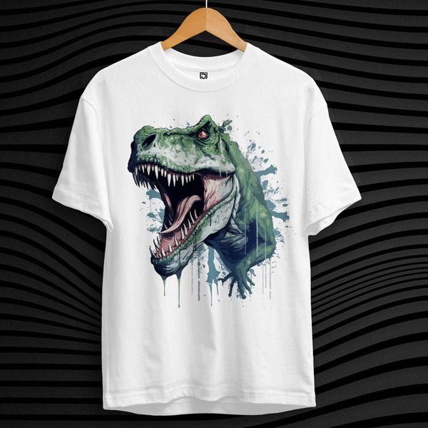 Juxar boys streetwear t shirt white with large roaring green T Rex dinosaur head graphic