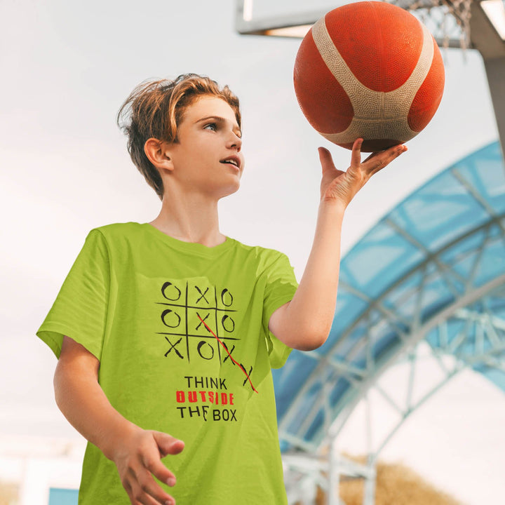 Juxar funky t shirt for boys lime green tic tac toe print Think Outside The Box boy holding basketball