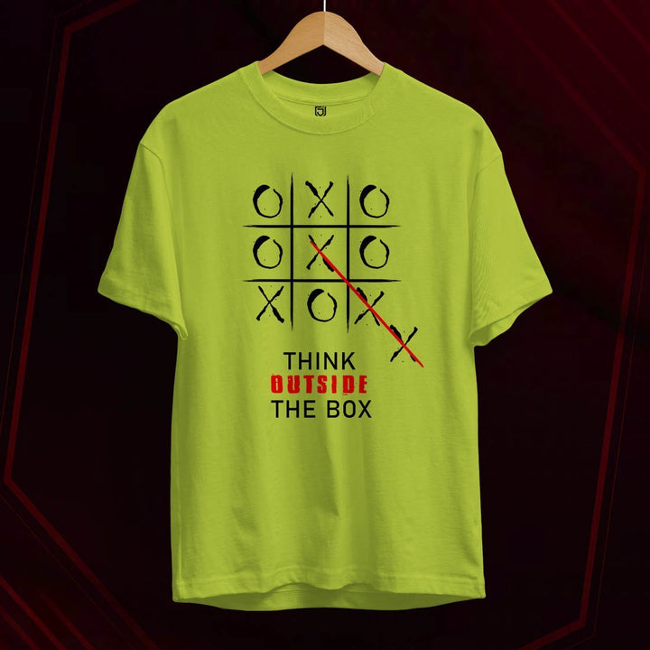 Juxar lime green boys T shirt with tic tac toe graphic and Think Outside the Box slogan funky t shirt for boys