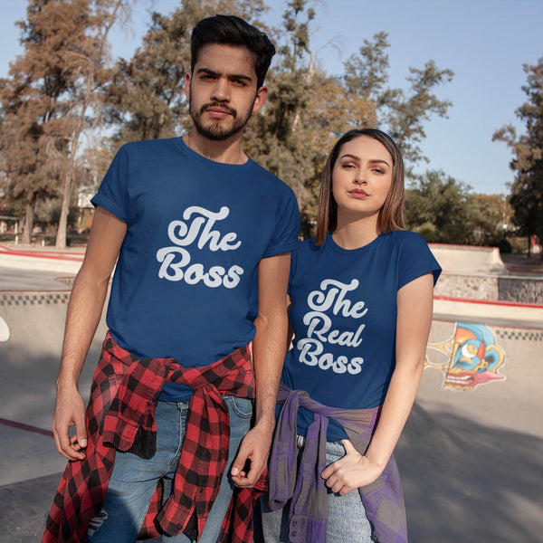Juxar minimal couple t shirt style navy matching tees reading The Boss and The Real Boss with flannels tied at waist