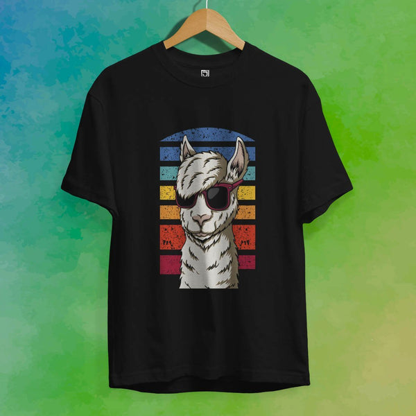 Juxar boys festival t shirt black with cool llama wearing sunglasses and retro rainbow stripes