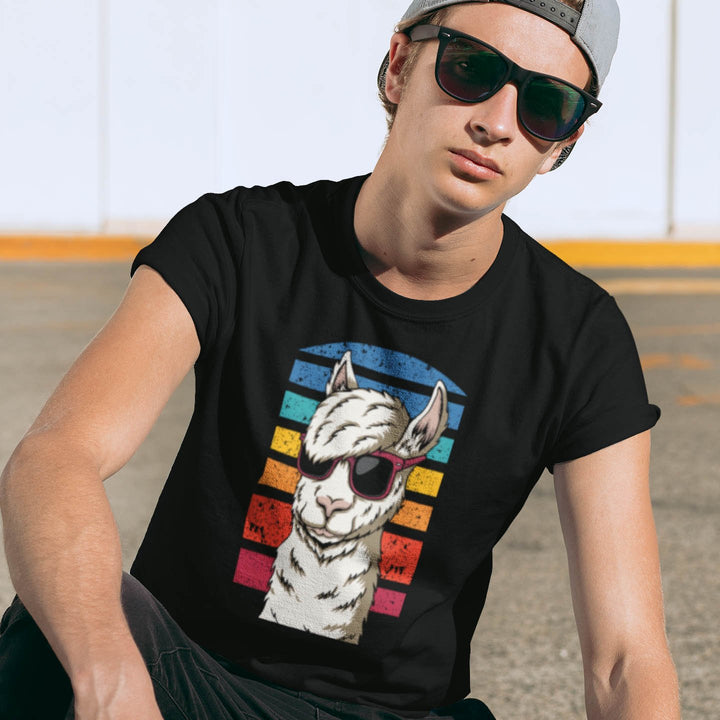 Juxar boys festival t shirt black with retro rainbow stripes and cool llama wearing sunglasses on model