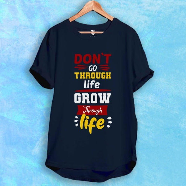 Juxar navy longline tee with colorful motivational typographic print dont go through life grow fashionable cotton longline t shirt
