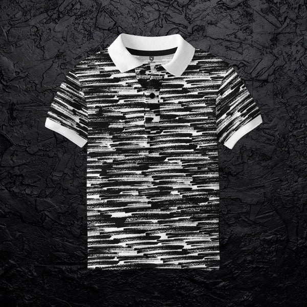 Juxar black and white abstract printed polo collar cotton t shirt with white collar and sleeve cuffs