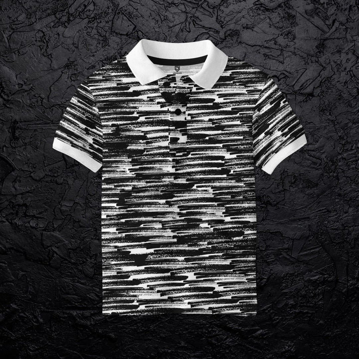 Juxar black and white abstract printed polo collar cotton t shirt with white collar and sleeve cuffs