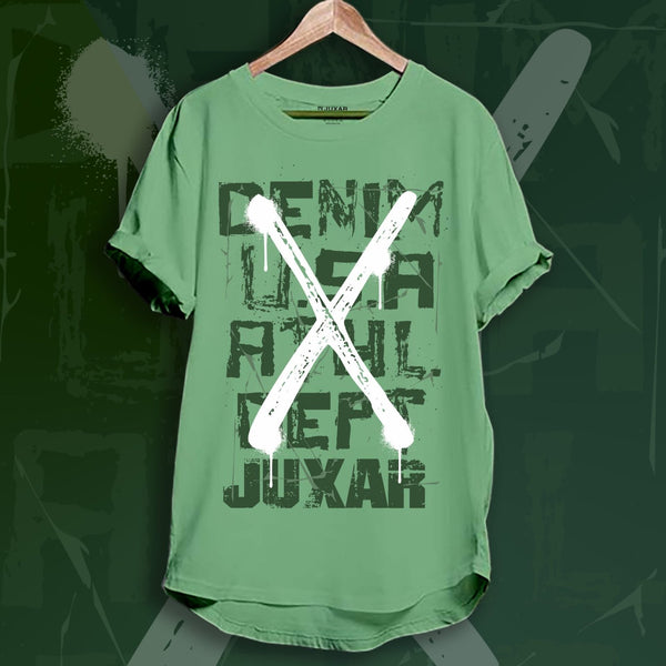Juxar cotton round neck longline tee in green with graphic print short sleeves on hanger