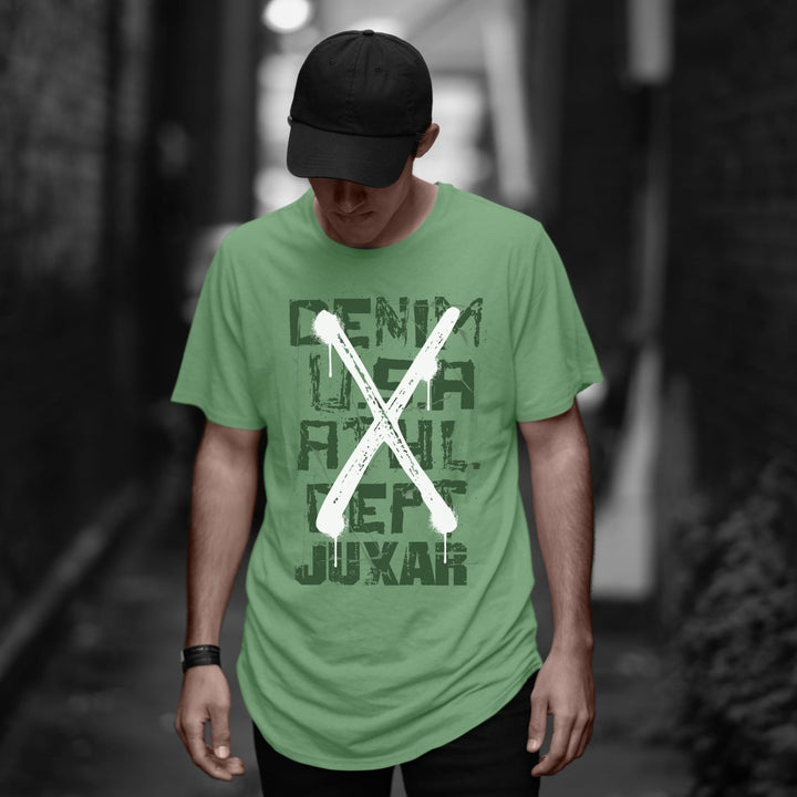 Juxar cotton round neck longline tee in mint green with bold distressed text and white X graphic on male model