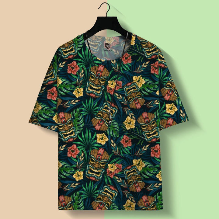 Juxar trendy full printed oversized t shirt with tropical tiki mask print hibiscus and palm leaves