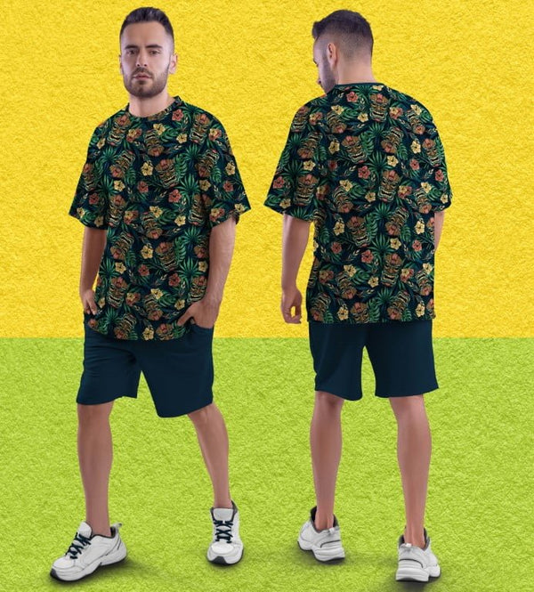 Juxar trendy full printed oversized t shirt tropical floral pattern shown front and back on male model