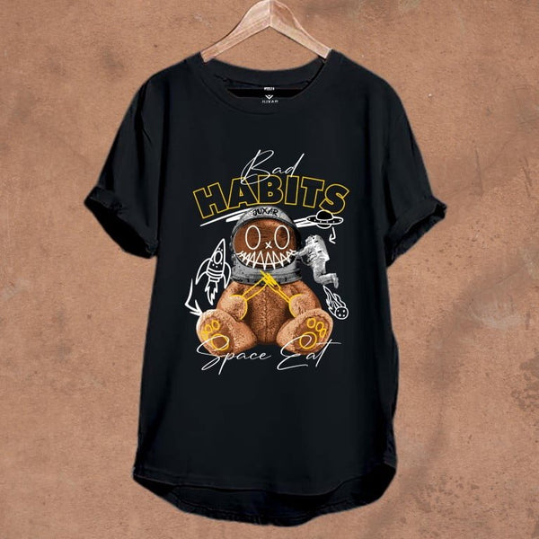 Juxar black longline tee with astronaut teddy bear graphic and Bad Habits print premium cotton longline t shirt
