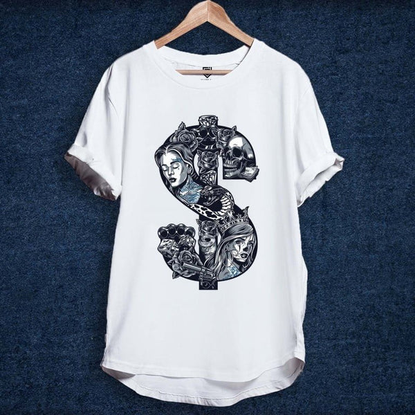 Juxar white stylish cotton longline tee with black dollar sign graphic collage of faces skulls and roses on wooden hanger