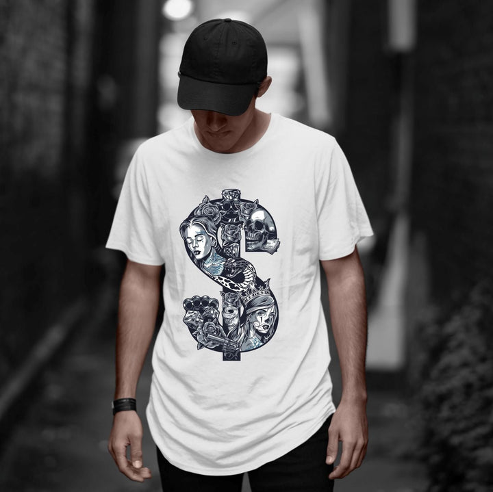 Juxar stylish cotton longline tee white with detailed dollar sign collage print worn by male model in black cap