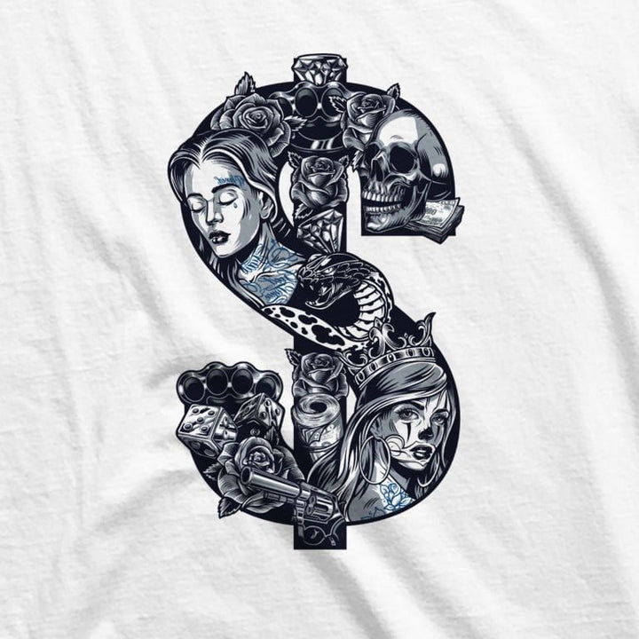 Juxar stylish cotton longline tee with bold dollar sign graphic made of skulls roses women crown gun and dice