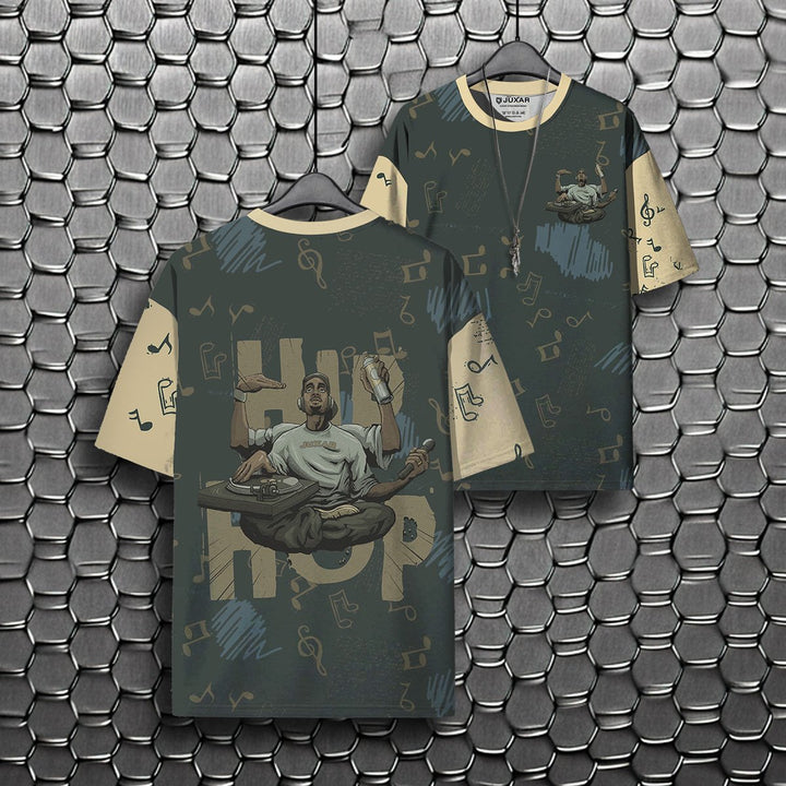 Juxar casual printed oversized t shirt in olive with beige sleeves music note pattern and DJ graphic front and back