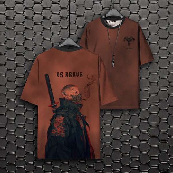 Mens brown custom full printed oversized t shirt with samurai skull back print Be Brave and small chest emblem