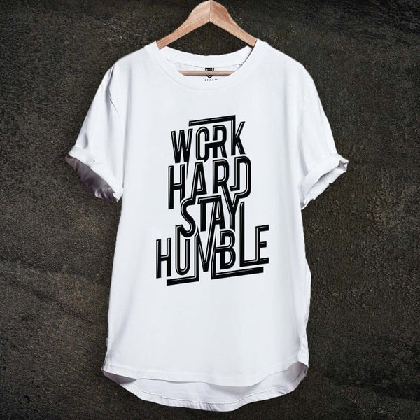 Juxar white cotton longline tee with bold Work Hard Stay Humble graphic ideal designer cotton longline t shirt outfit