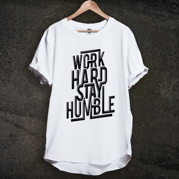 Juxar white cotton longline tee with bold Work Hard Stay Humble graphic ideal designer cotton longline t shirt outfit