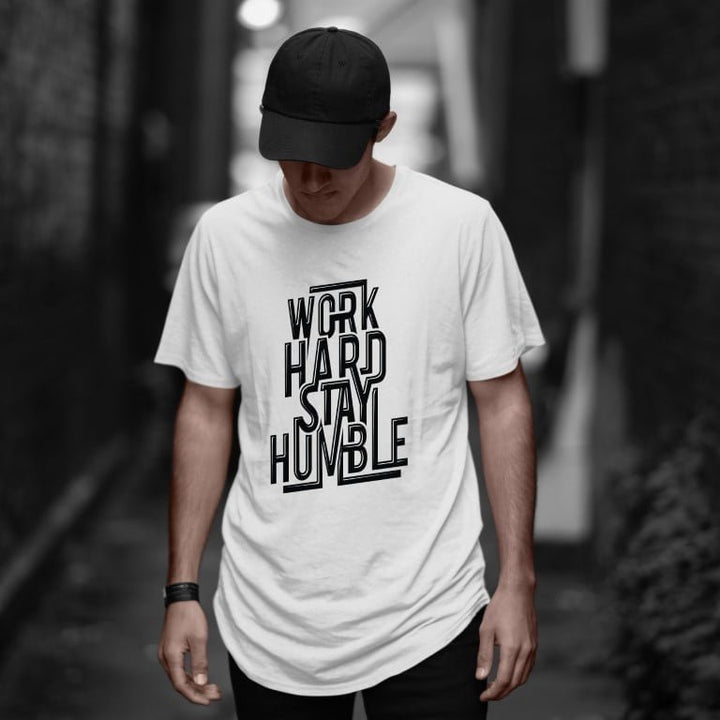 Juxar white cotton longline tee with WORK HARD STAY HUMBLE print and black cap styling designer cotton longline t shirt outfit