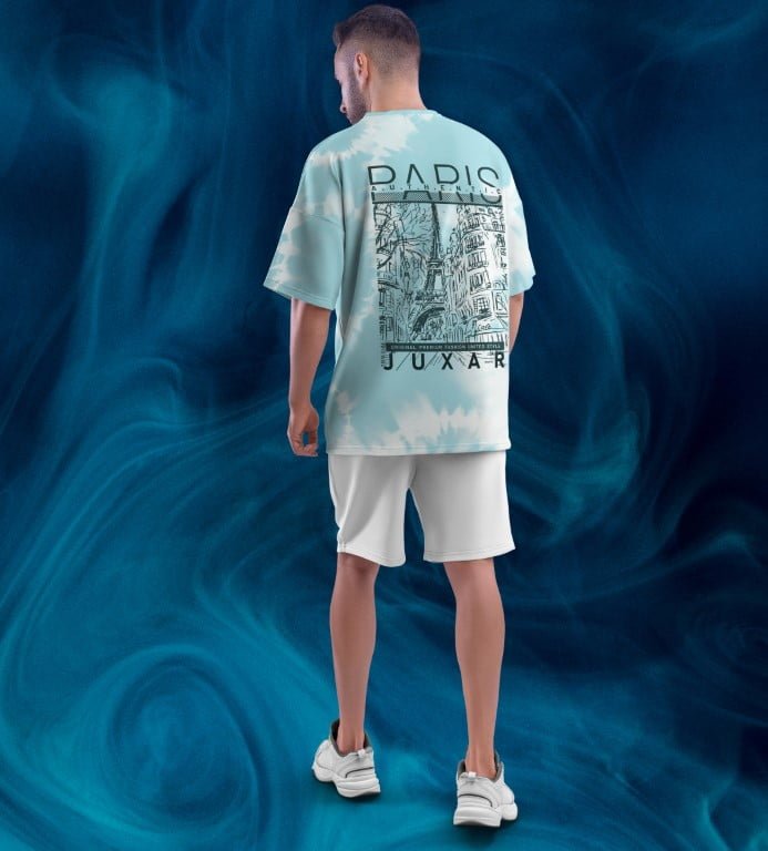 Juxar full printed oversized t shirt for men light blue tie dye Paris back graphic worn by male model