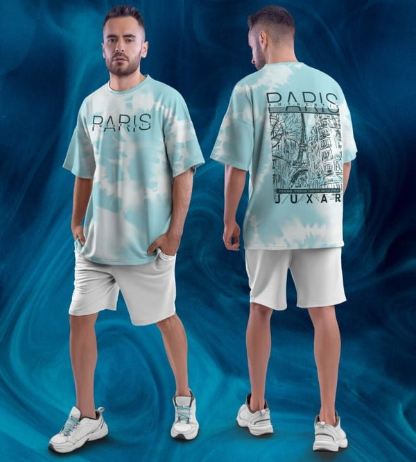 Juxar light blue tie dye full printed oversized t shirt for men with Paris graphic front and back view
