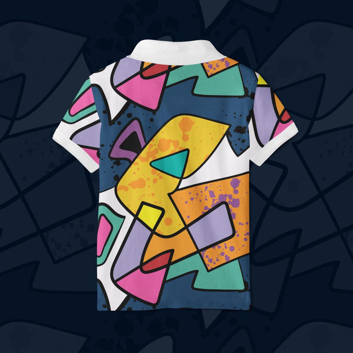 Juxar colorful abstract graffiti design on back of a graphic printed polo t shirt for casual wear