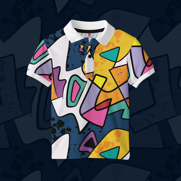 Juxar colorful abstract design graphic printed polo t shirt with white collar and multicolor geometric shapes