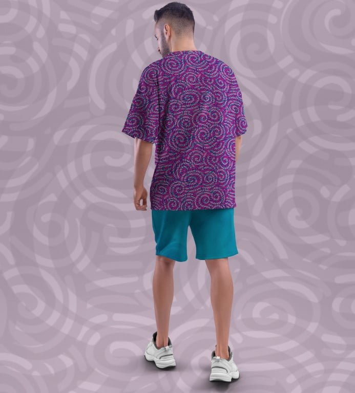 Juxar over print oversized t shirt unisex purple spiral print on back view worn by male model with shorts