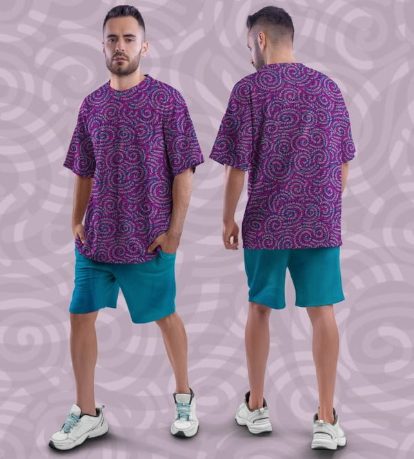 Juxar printed over print oversized t shirt unisex in purple swirl pattern shown front and back with teal shorts