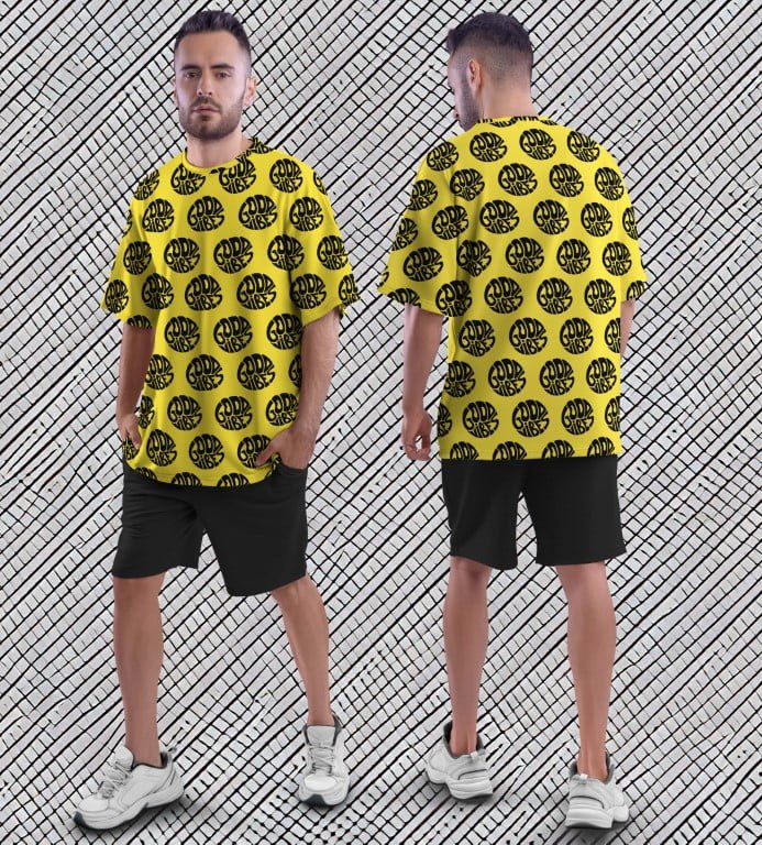 Juxar street style oversized printed t shirt yellow with black logo repeat front and back view on male model