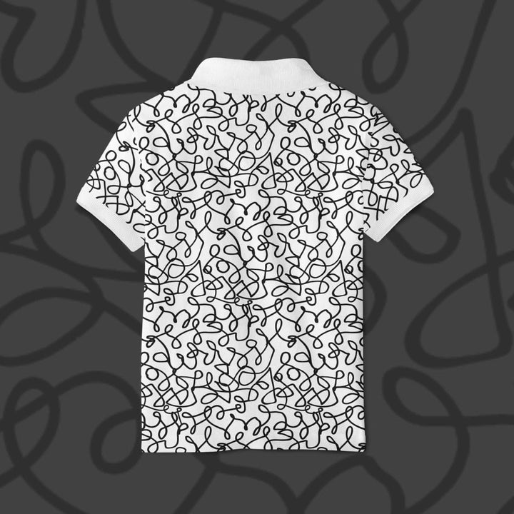 Juxar white striped printed polo t shirt with black abstract scribble pattern back view