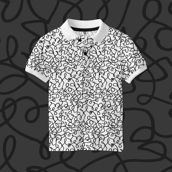 Juxar white polo shirt with black abstract scribble print striped printed polo t shirt casual wear