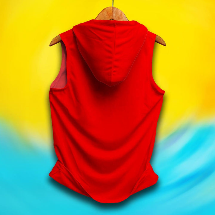 Juxar men's red polyester gym sando sleeveless hoodie with back view on hanger